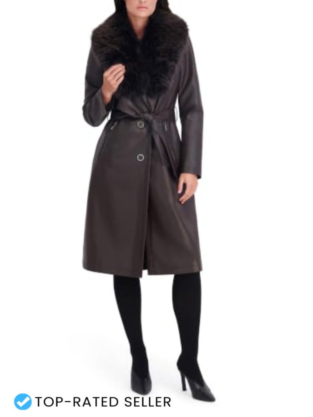 Faux Leather Faux Fur Belted Trench Coat Shawl Collar